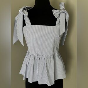 H&M Blue/White Striped Tie-Shoulder Peplum Top Sz 8